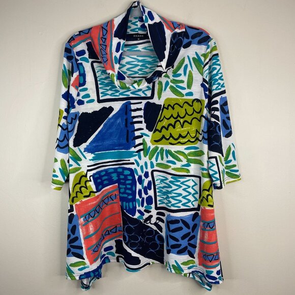 Damee Tops - Damee Top Womens Medium Vibrant Abstract Art To Wear Swing Tunic Cowl Neck Comfy